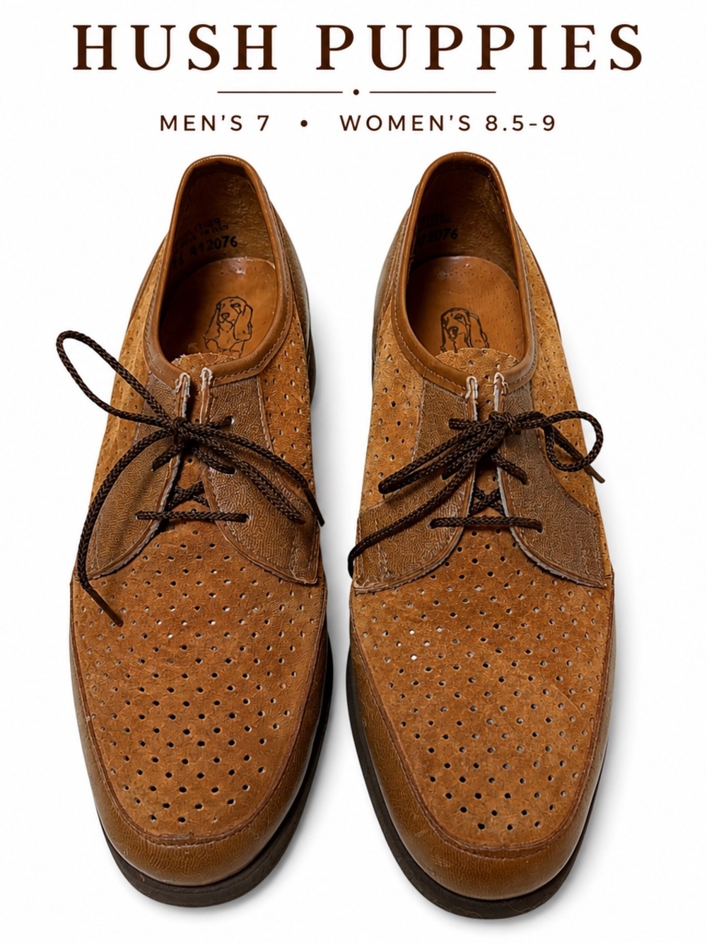 Hush Puppies Vintage Leather Oxfords Men’s 7M Brown Perforated Lace Up Shoes